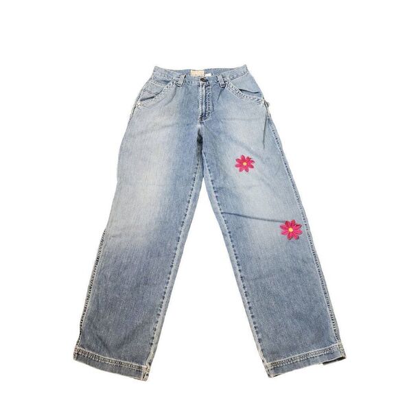 Vintage 90s Old Navy Wide Leg Painters Jeans Pink Daisy Applique Womens 32 Blue - Picture 1 of 6